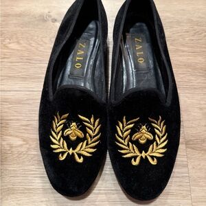 Vintage Zalo Black Loafers with Gold Bee Embroidery